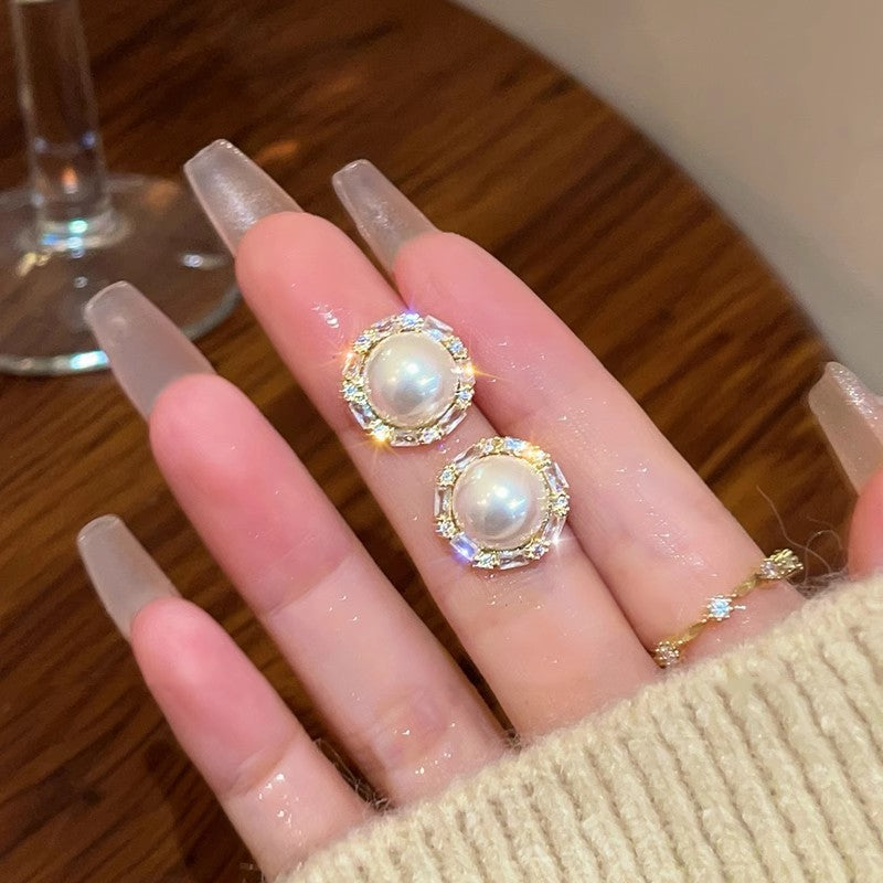 Wholesale  Versatile Pearl Zircon Earrings s925 Silver Needle Earrings