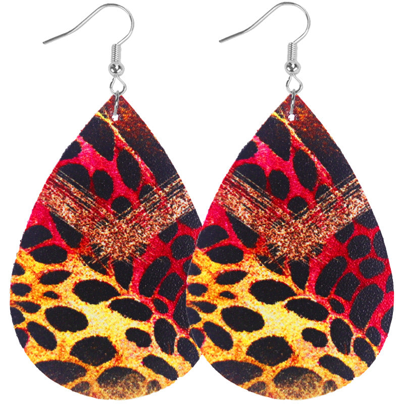 Wholesale Western retro leopard tiger pattern women's teardrop leather earrings