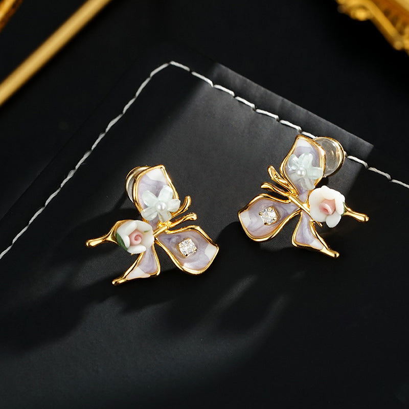 Wholesale Vintage Light Luxury Oil Painting Butterfly Flower  Earrings