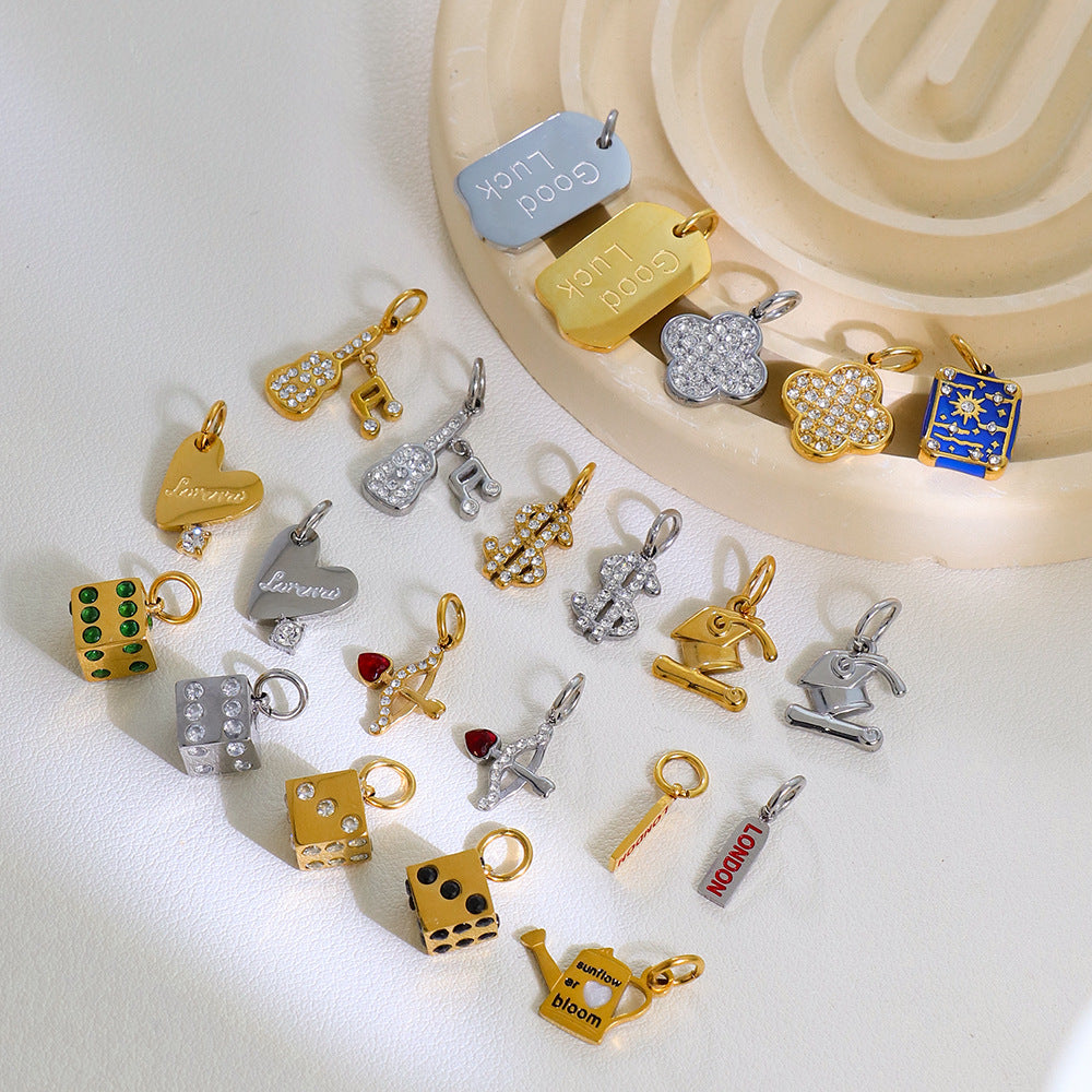 Wholesale Stainless Steel Lucky Dice Four-Leaf Clover Pendant - Gold Electroplated DIY Fashion Accessory