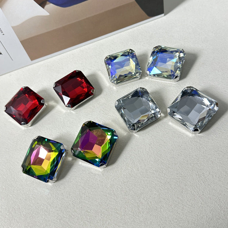 Wholesale Square Octagonal Glass Moonlight Crystal Large Solitaire Earrings