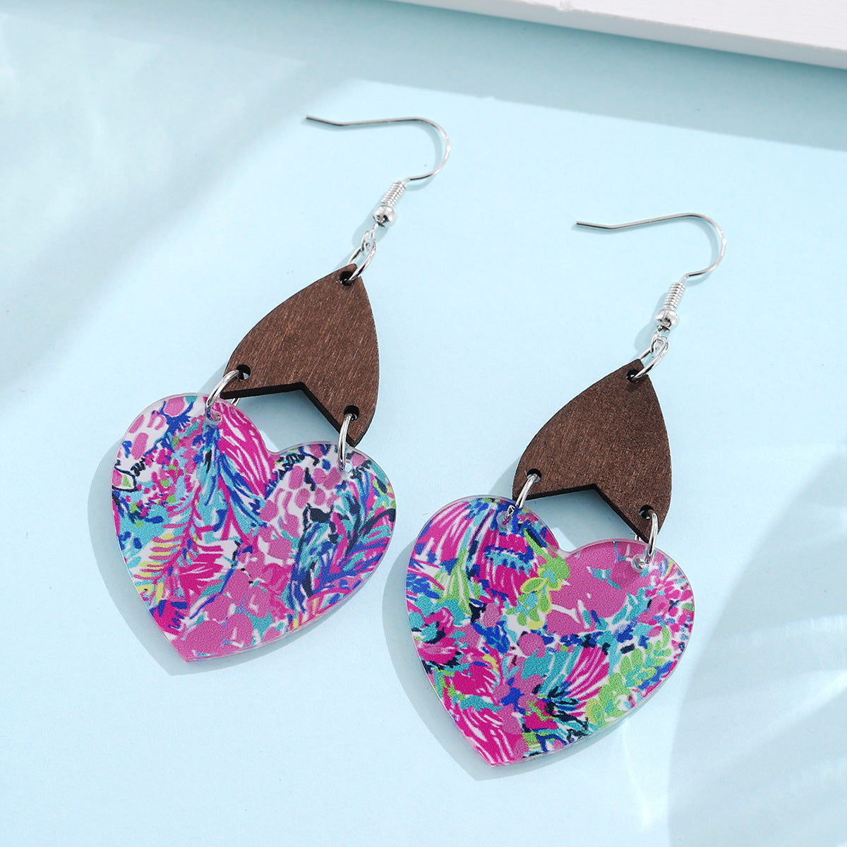 Wholesale Colorful Heart Flower Leaves Bohemian Wood Chip Splicing Acrylic Earrings