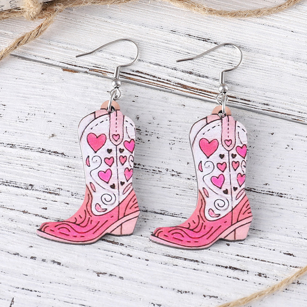 Wholesale Western Style Pink Heart Tassel Cowboy Boots Wood Double-Sided Earrings ACC-ES-ChuLian076