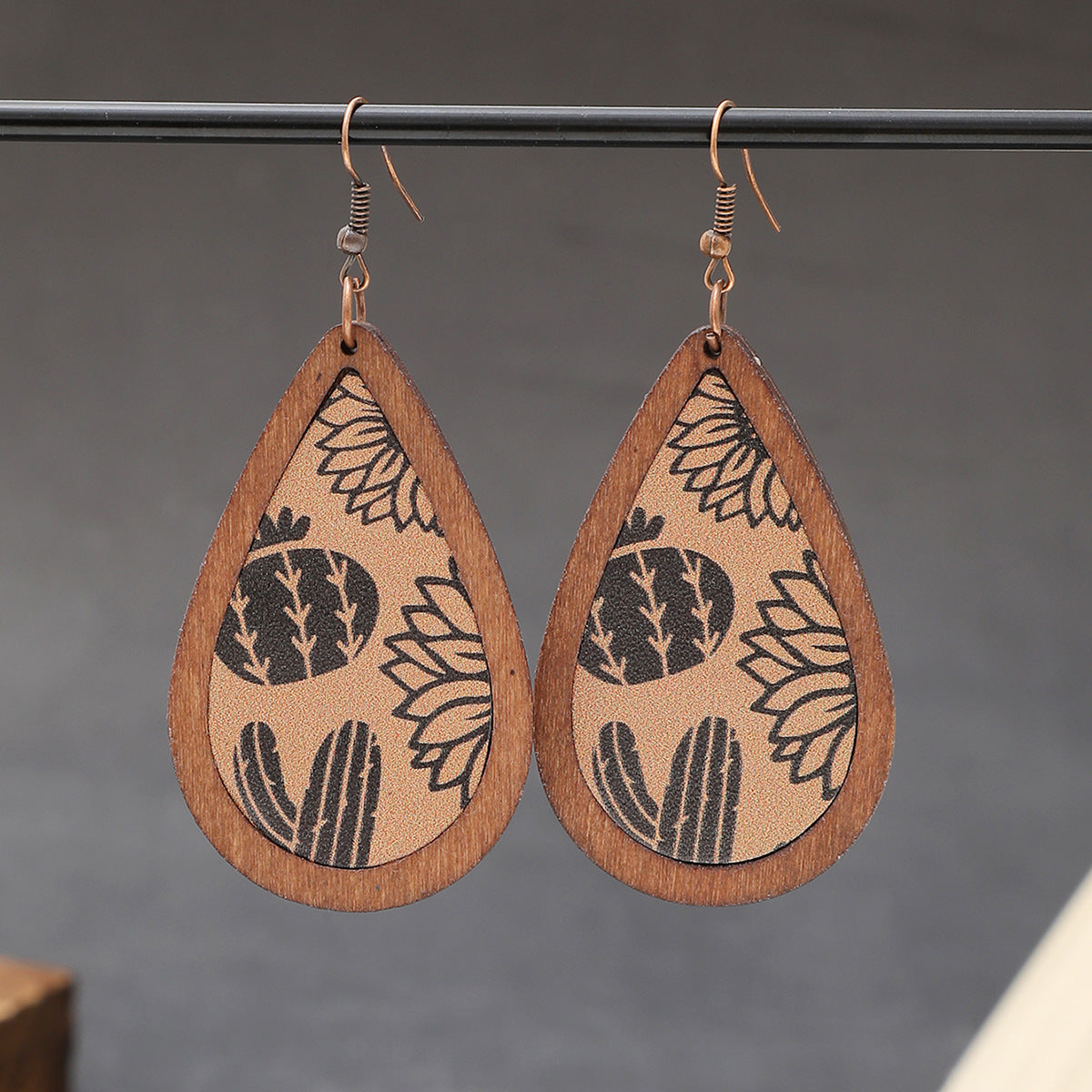 Wholesale Denim Cactus Cow Head Vintage Totem Pattern Leather Wood Earrings