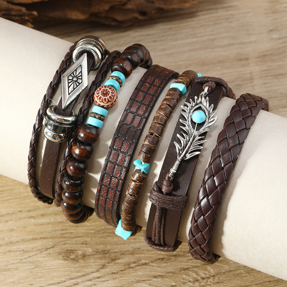 Wholesale  Wooden Beads Beaded Alloy Diamond Peacock Feather Handmade Woven Bracelet