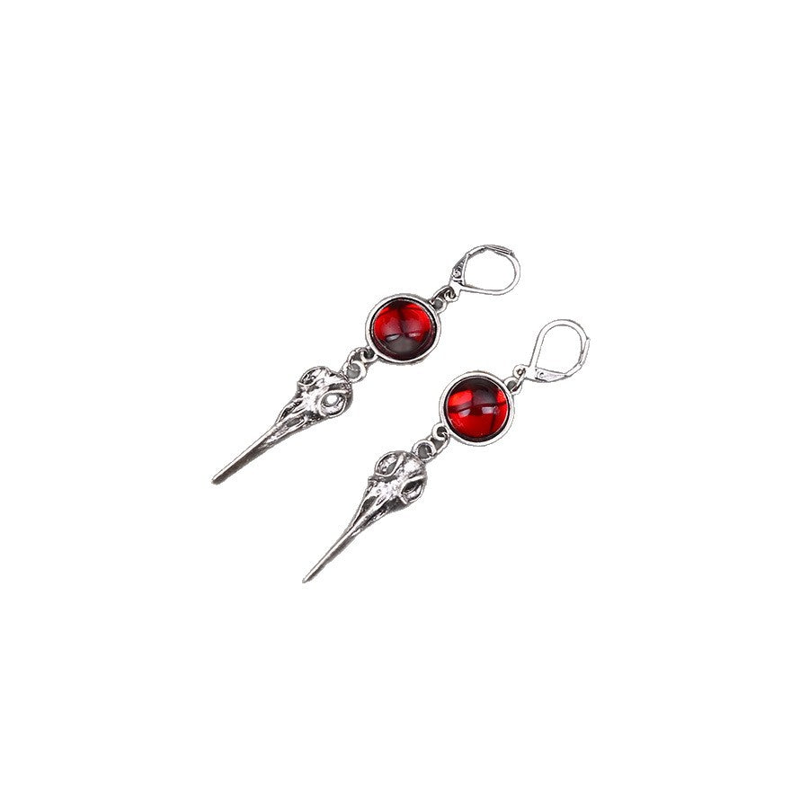 Wholesale Chic Gothic Crow Pendant Earrings Antique Silver Finish Ruby Red Accent  Fashion Jewelry Gift