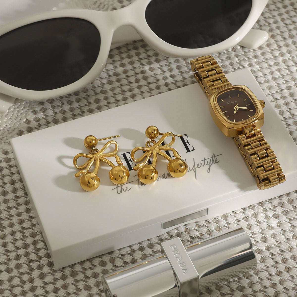 Wholesale  18K Gold Stainless Steel Bow Cherry Pendant Earrings