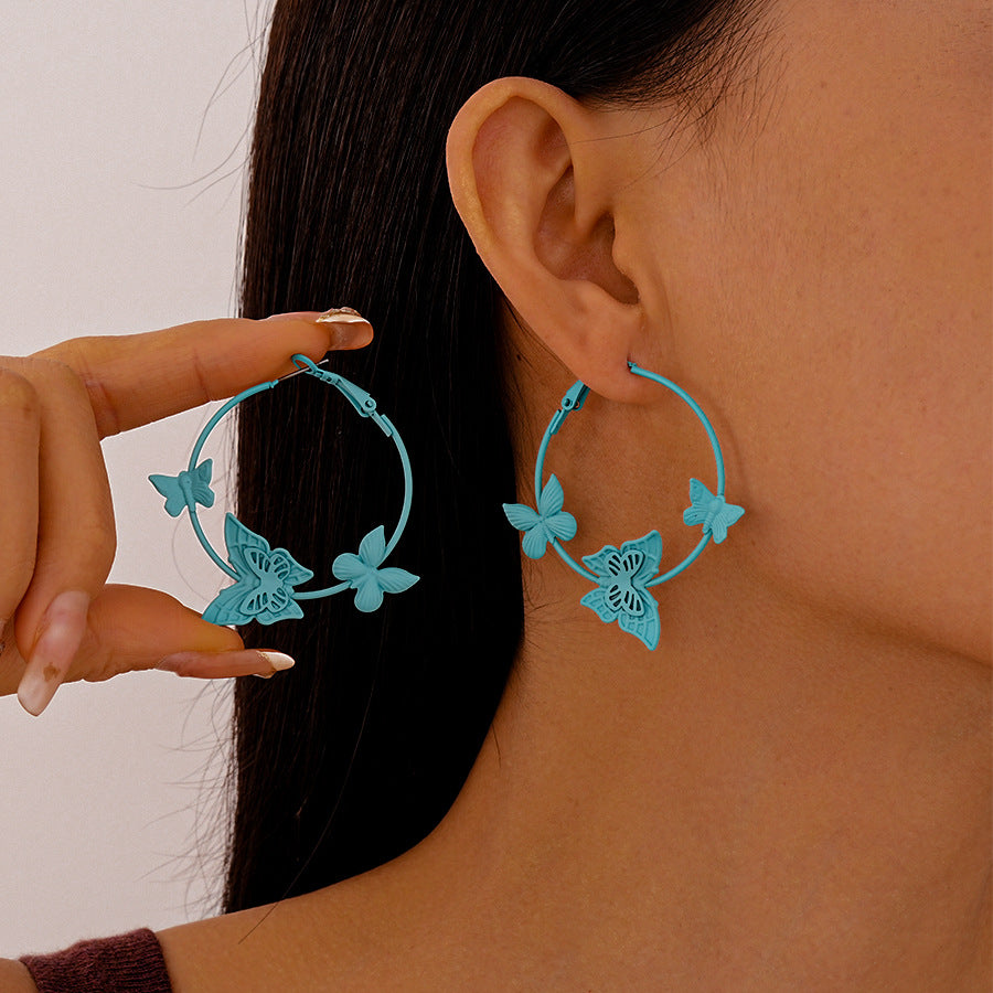 Wholesale Painted butterfly circle silver needle earrings