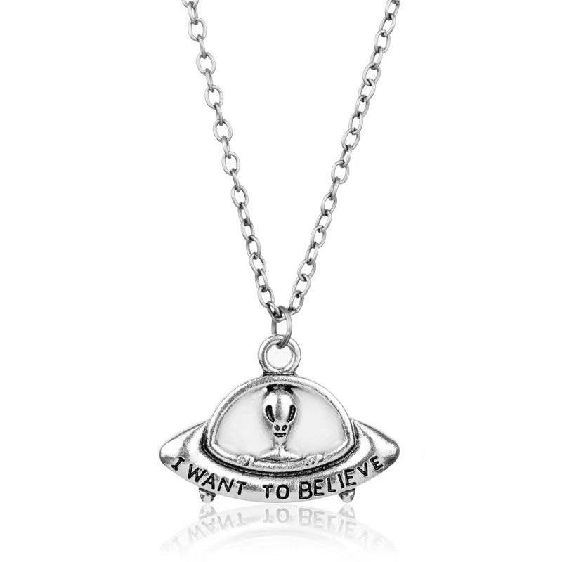 Wholesale  luminous pendant with necklace alien spaceship UFO zinc alloy necklaces