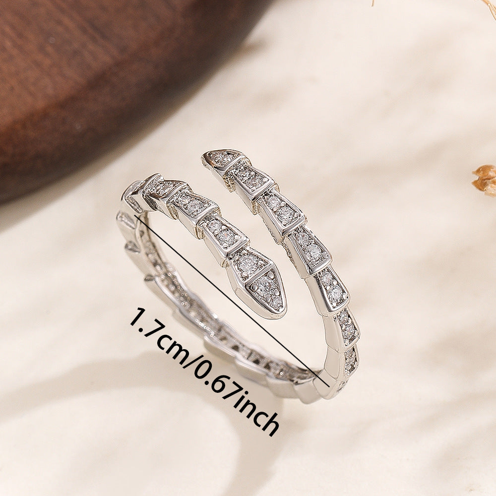 Wholesale Snake Design Zircon Ring Adjustable Open Style Silver Tone Fashion Jewelry Accessory Everyday Wear Gift