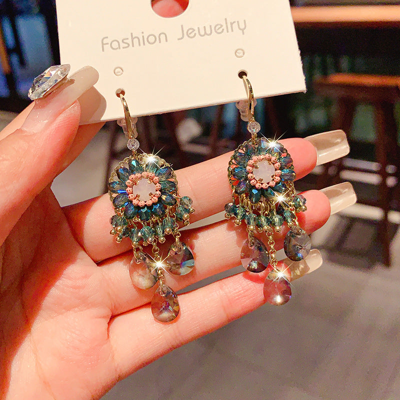 Wholesale  Light Luxury High-end Green Crystal Long Tassel Earrings