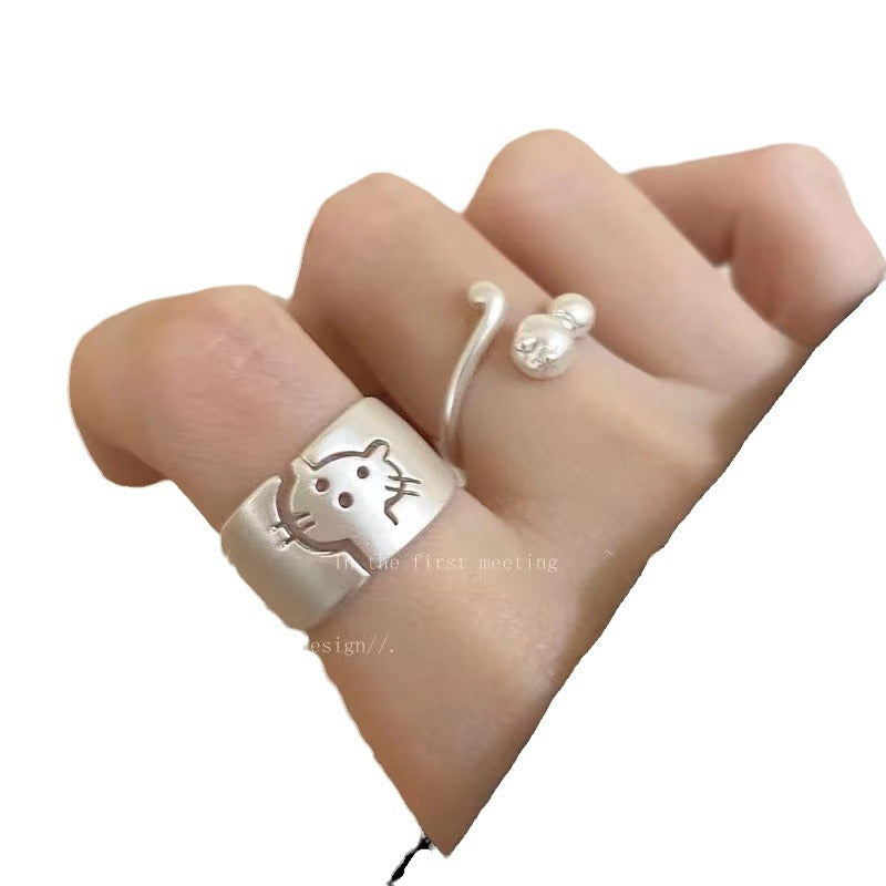 Wholesale Cartoon Cute Silver Matte Cat Ring