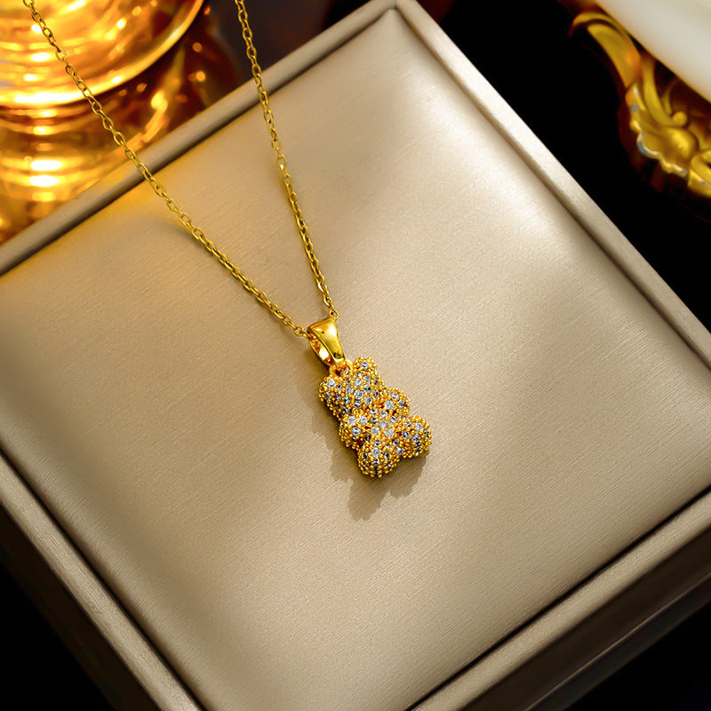 Wholesale Zircon Pearl Love Bear Titanium Steel Necklace ACC-NE-Kouz003