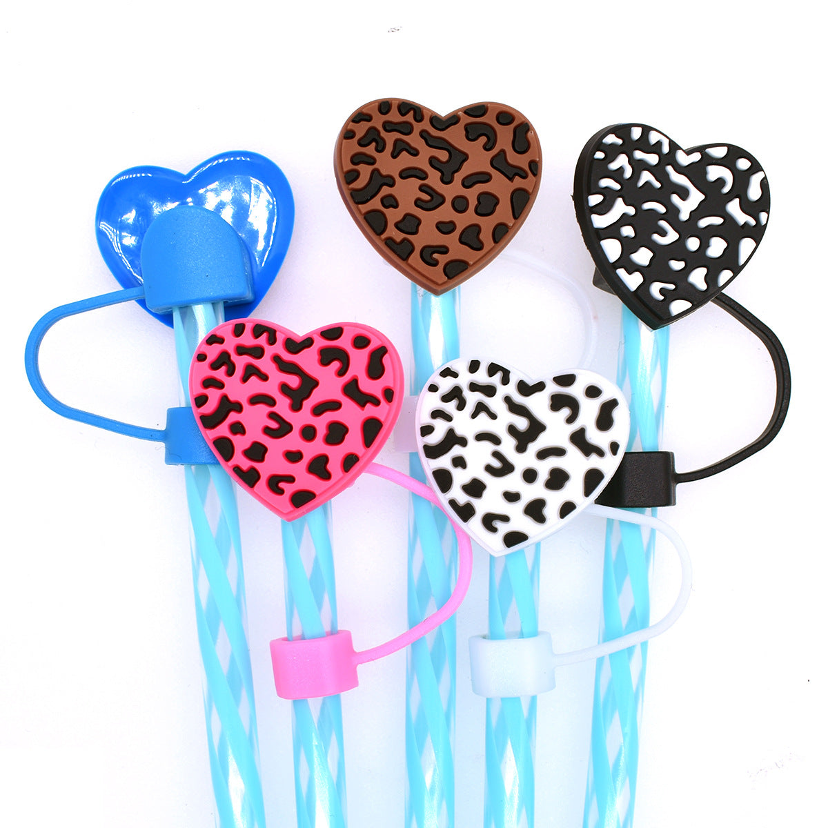 Wholesale Random 10mm 100pcs Leopard Print Love Straw Tube Cap Soft Glue Straw Decoration Straw Cover ACC-SCR-RYY031
