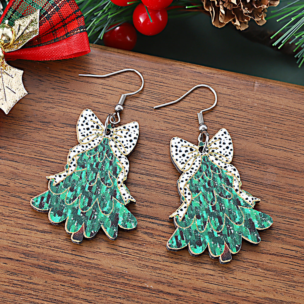 Wholesale Christmas cow pattern bow Christmas tree pendant earrings wooden