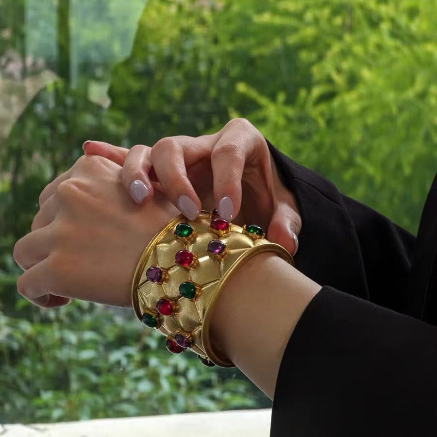 Wholesale  Old Diamond Plaid Color Gem Wide Bracelet