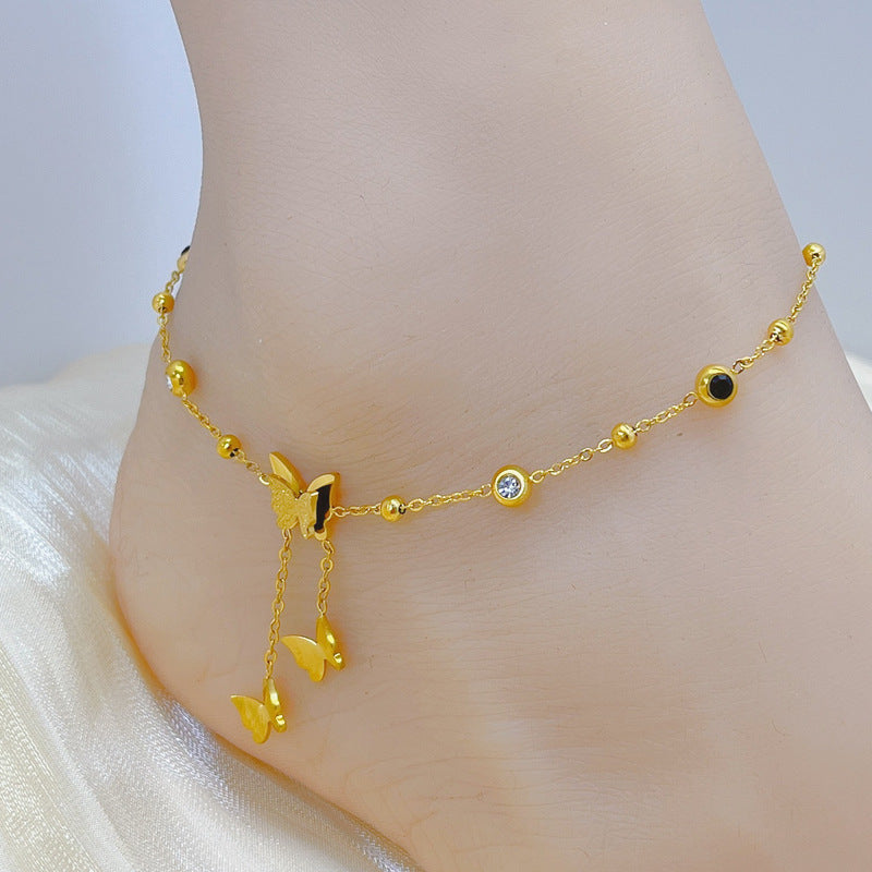 Wholesale Titanium Steel Shell Star Moon Tassel Anklet Double-sided Black and White Zircon Diamond Five-pointed  Anklet