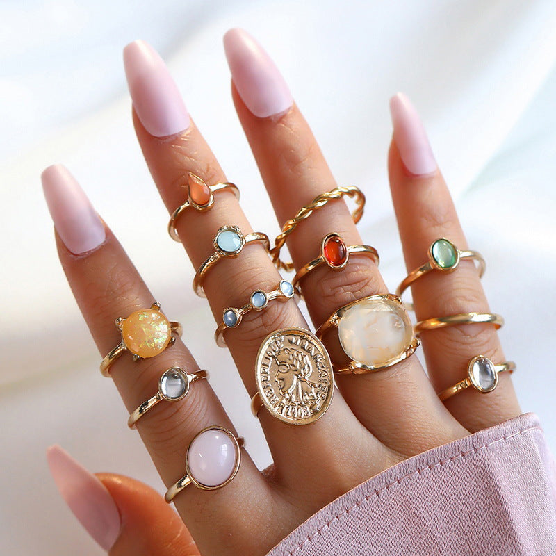 Wholesale 12-piece set creative Baroque retro jelly color ring