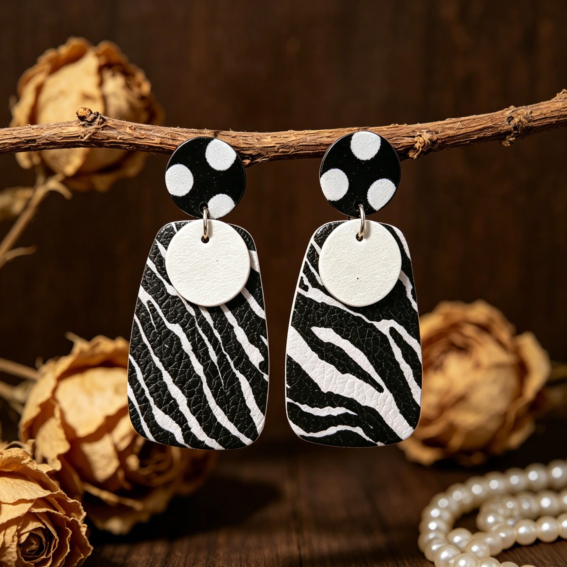 Wholesale Black White Zebra Pattern Multilayer Spliced Pu Leather Earrings Fashion Accessory