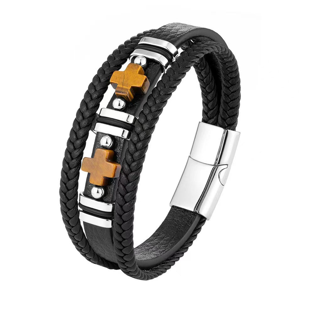 Wholesale Leather Bracelets Men's Tiger Eye Stone Bracelet Cross Bracelet ACC-BT-Yima014