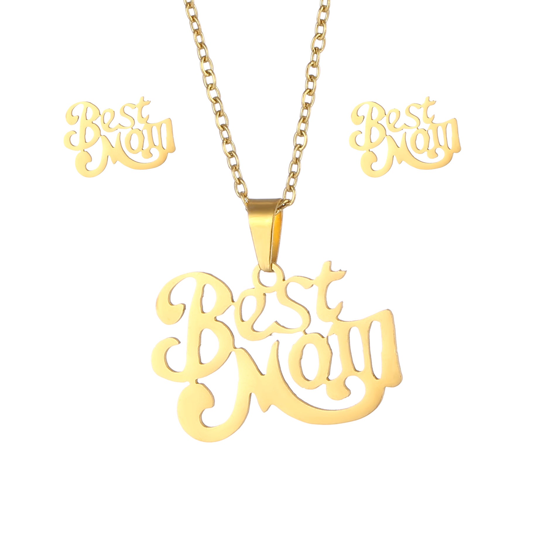 Wholesale Best Mom Mother's Day 18K Gold 304 Stainless Steel Earrings Necklace Set ACC-ES-MinM008