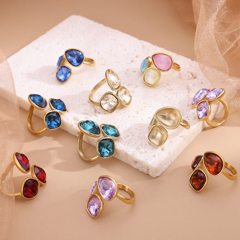 Wholesale Colorful titanium steel 18K gold-plated open water droplet square ring