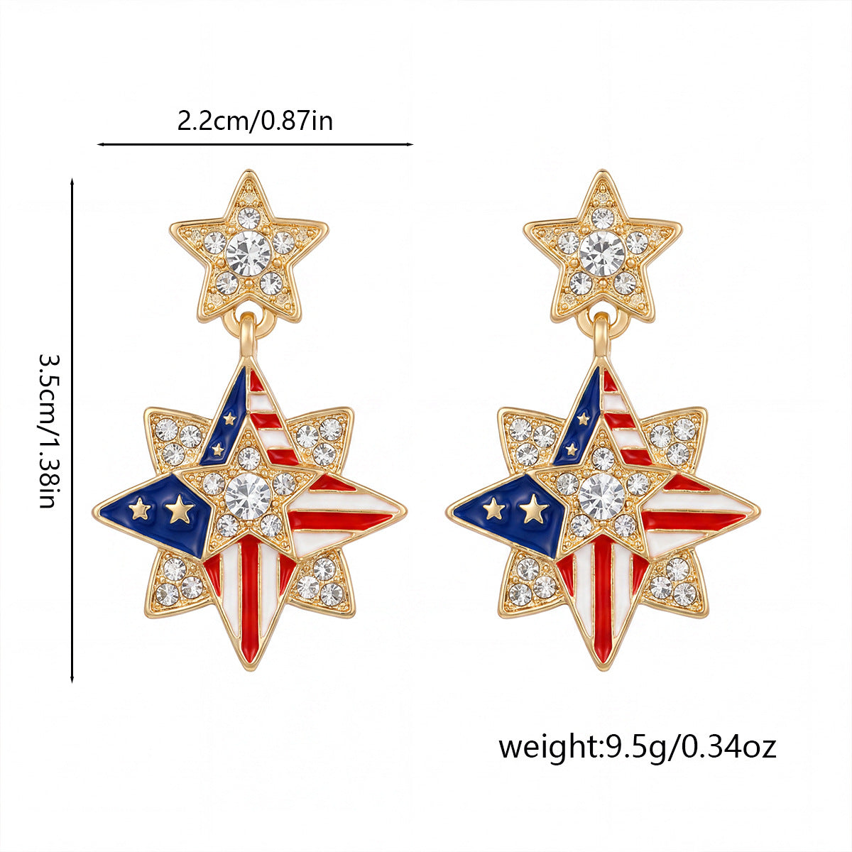 Wholesale USA Independence Day Star Heart Rhinestone Drop Earrings,  Zinc Alloy Fashion Jewelry Accessory for Party Gift Boutique Resale