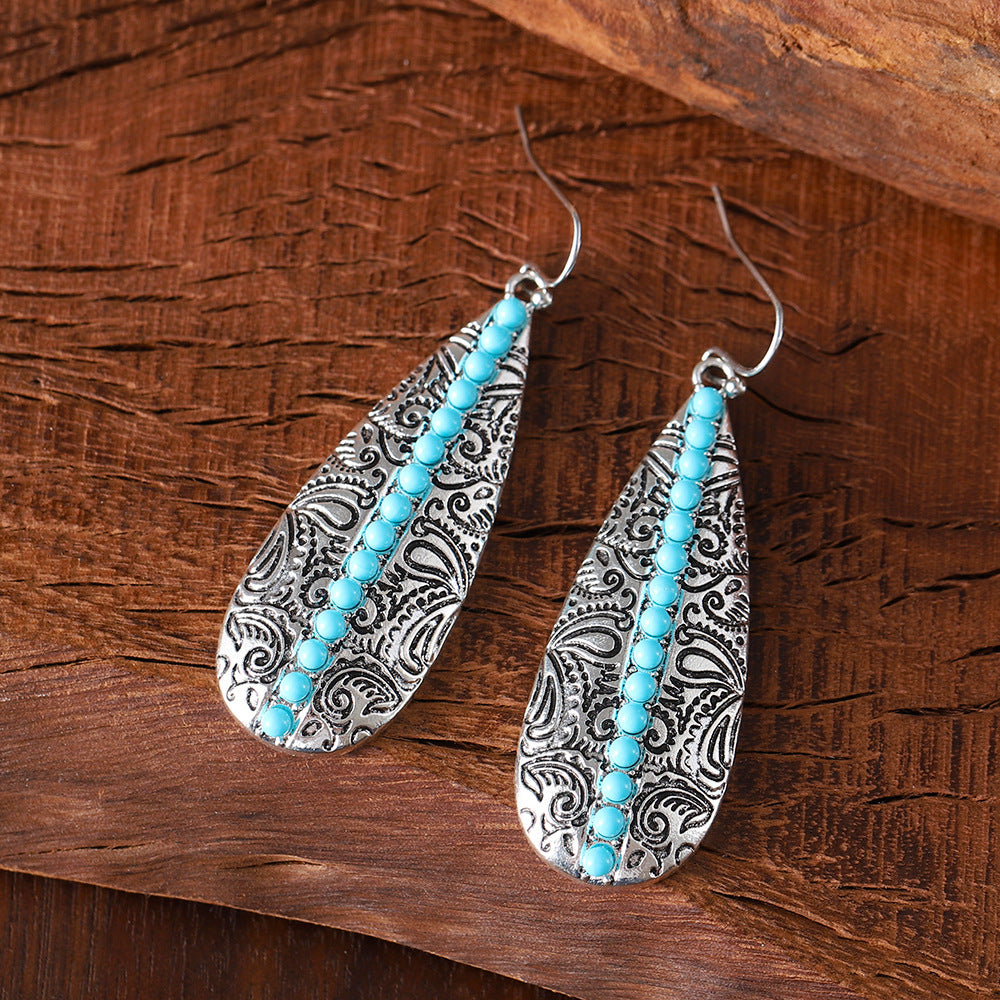 Wholesale  Bohemian Inlaid Turquoise Printed Water Drop  Earrings