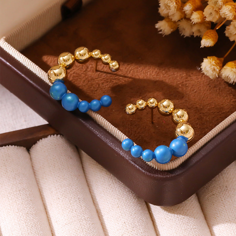 Wholesale Minimalist Light Luxury Stainless Steel Colorful Beaded C-Hoop Earrings
