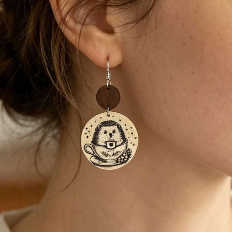 Wholesale Wooden Retro Earrings,  Hedgehog Star Print,  Fashion Accessory for Everyday Wear