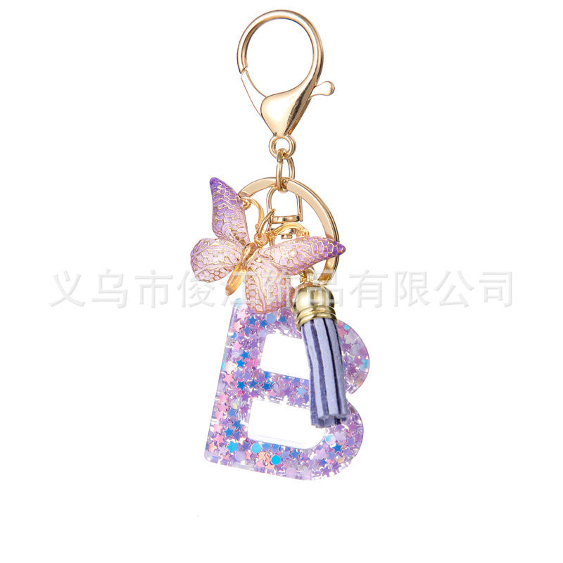 Wholesale Purple Star Tassel Resin Keychain 26 English Letters Bag Charm For Women Students Fashion Decorative Accessory