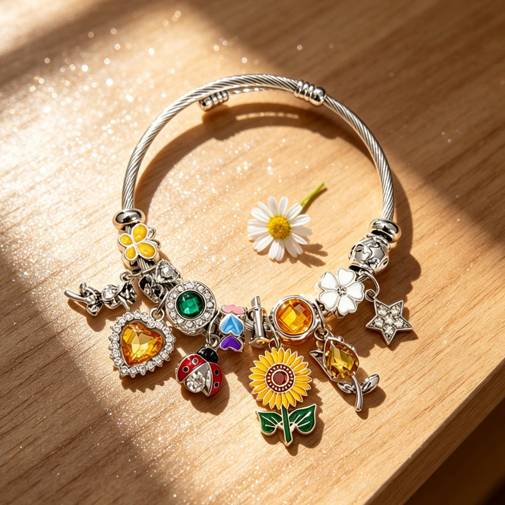 Wholesale Sunflower Bee Adjustable Open Cuff Bracelet Stainless Steel Nature Theme Fashion Accessory Boutique Resale Jewelry