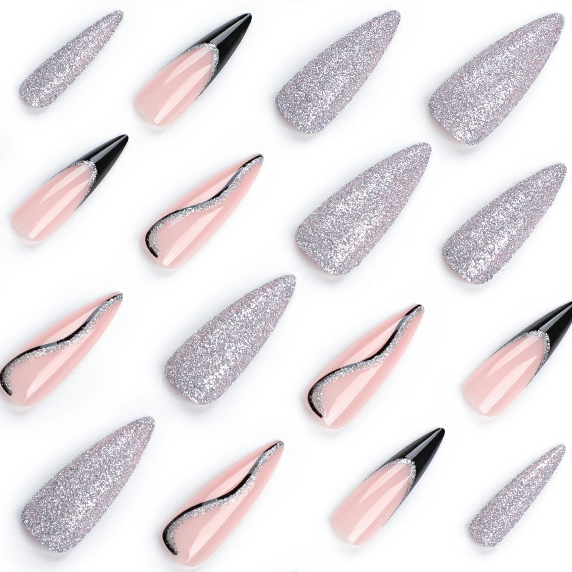 Wholesale 24 Pieces/box Long Silver Glitter Press-on Nails Kits Nail Stickers ACC-NS-LeFan075