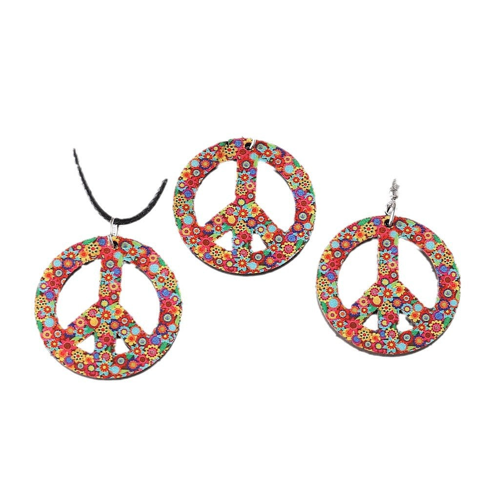 Wholesale Halloween Carnival Hippie suit Double-sided Wooden Pendant Peace Logo Necklace Earrings