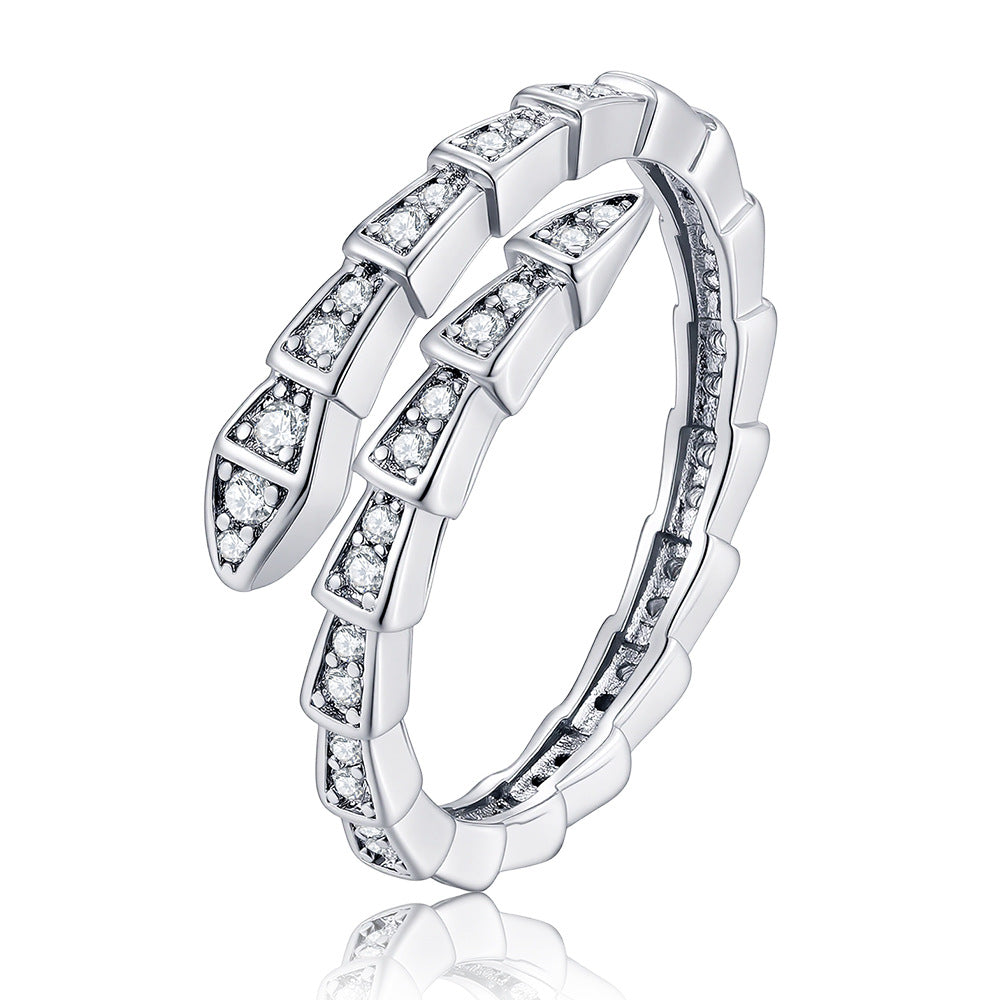 Wholesale Snake Design Zircon Ring Adjustable Open Style Silver Tone Fashion Jewelry Accessory Everyday Wear Gift