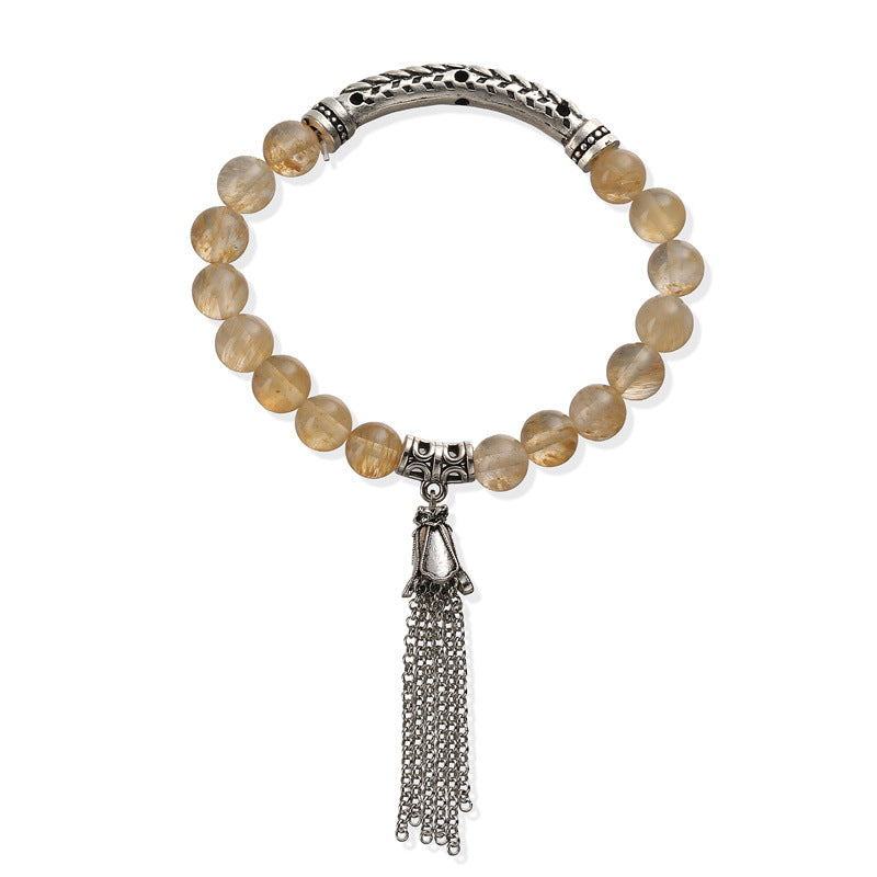 Wholesale Retro Chic Antique Silver Tone Stone Bead Bracelet With Tassel Pendant Heart Shaped 16 Beads Unisex Wedding Gift Fashion Accessory