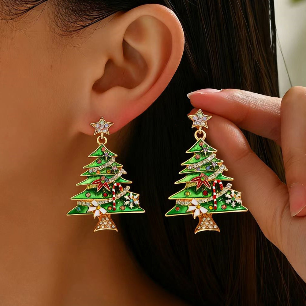 Wholesale Christmas Tree Earrings For Women Colorful Rhinestone Gold Tone Party Jewelry Gift