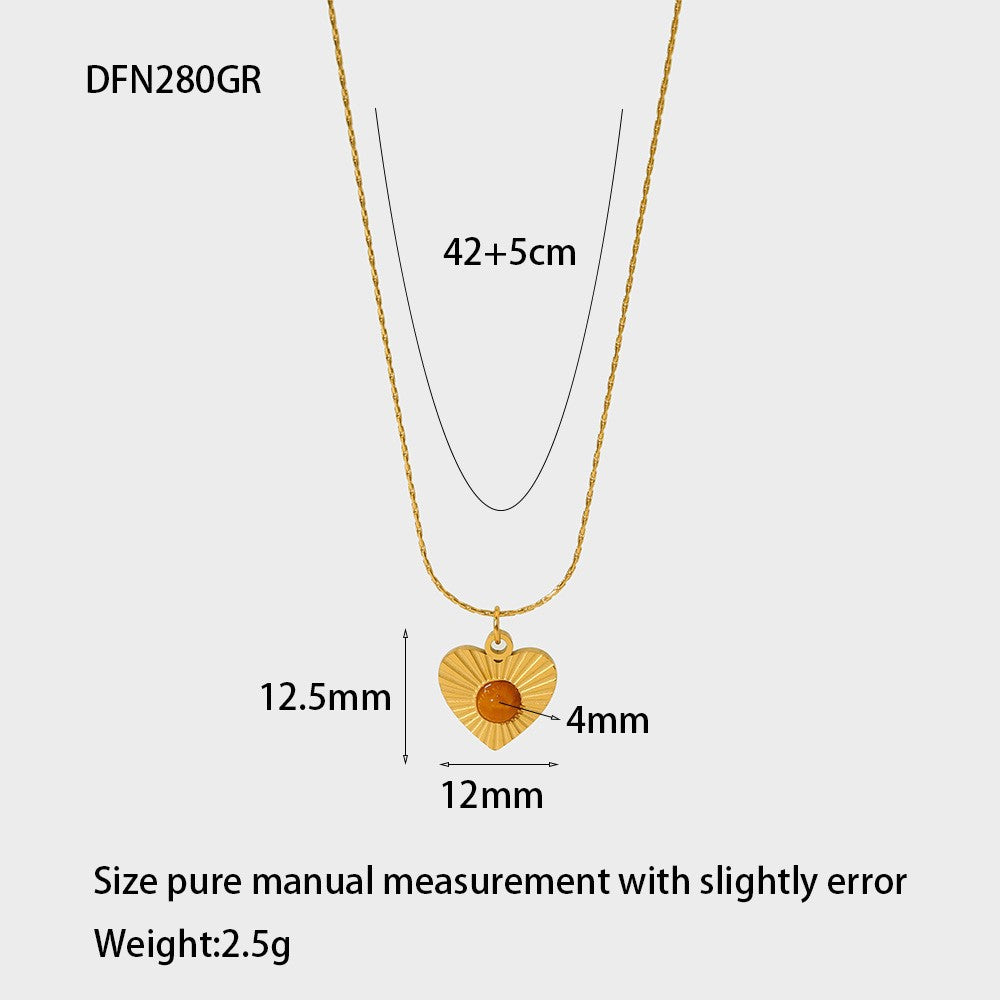 Wholesale Vintage Heart Natural Stone Pendant Necklace Gold Plated Stainless Steel Fashion Accessory Gift for Women
