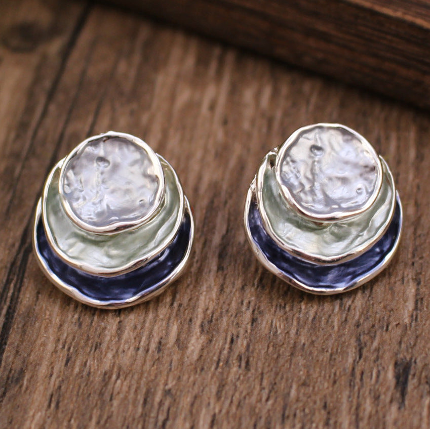 Wholesale  color painting oil three-layer round cake earrings