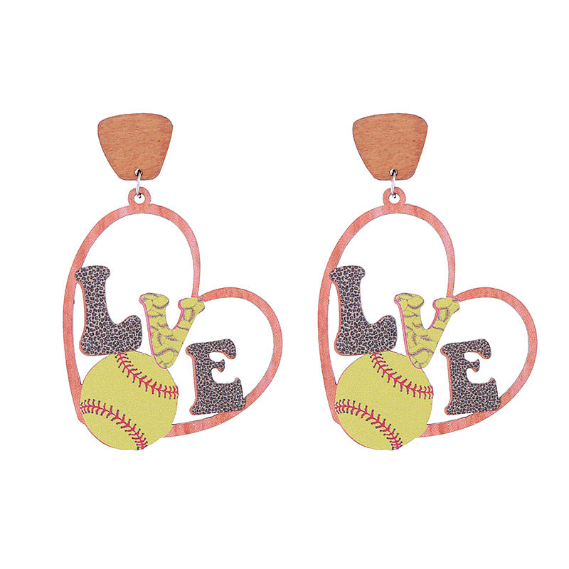 Wholesale Sports Style Baseball Heart Wooden Earrings