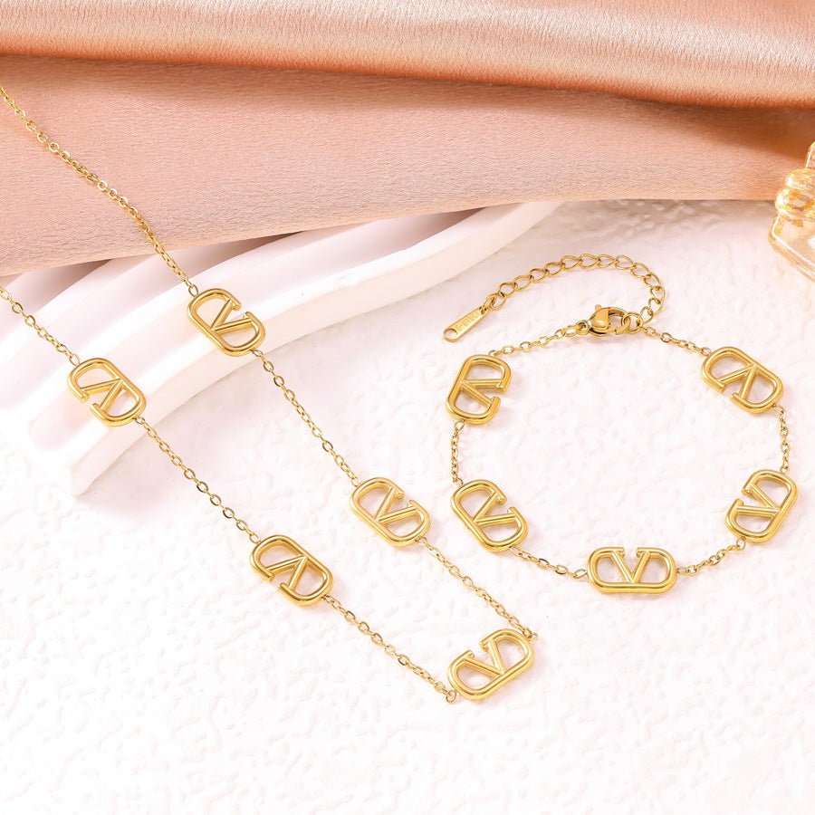 Wholesale Women' s 8K Gold-Plated Stainless Steel " V"  Letter Bracelet &  Necklace Set