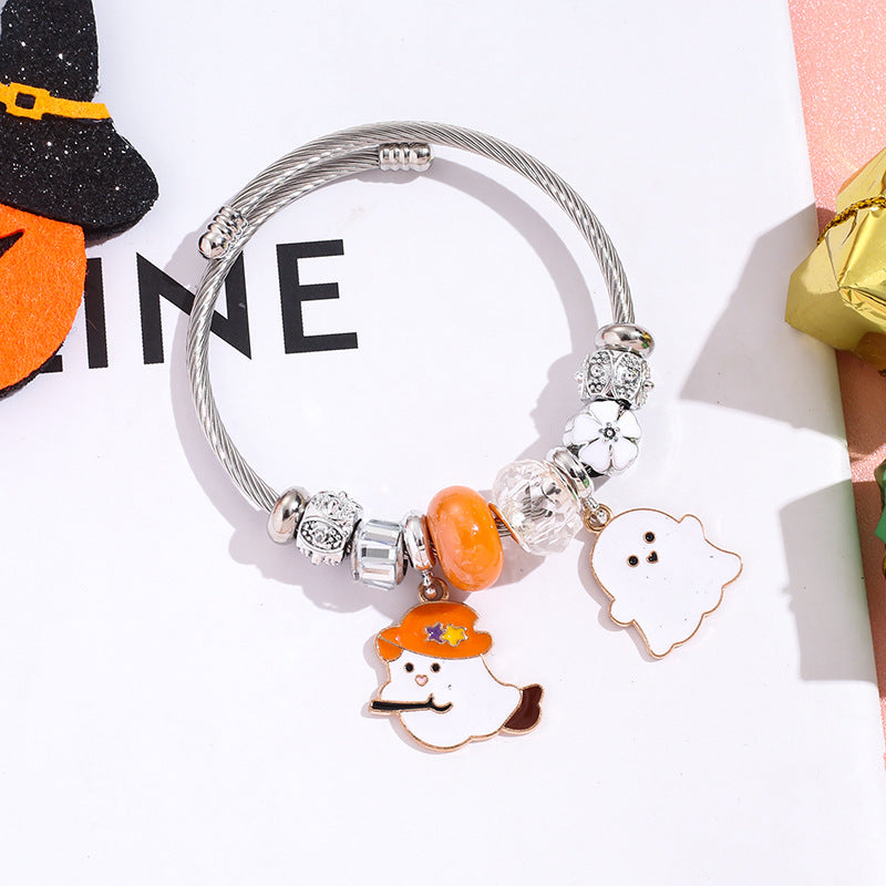 Wholesale Halloween Bat Ghost Witch Alloy Pendant Stainless Steel Bracelet ACC-BT-QingLian007