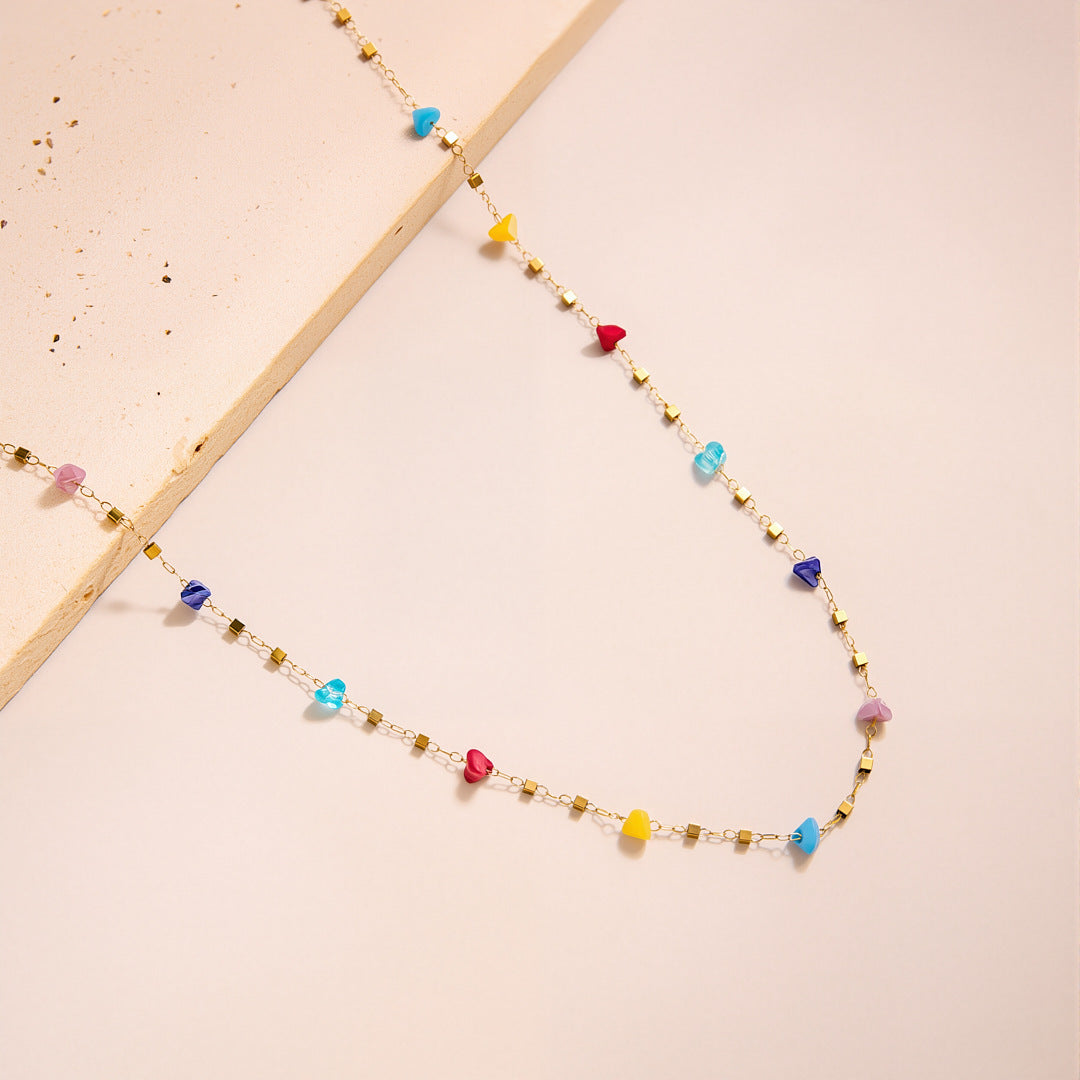 Wholesale Light Luxury Dopamine Style Square Titanium Steel Necklace with Colorful Zirconia