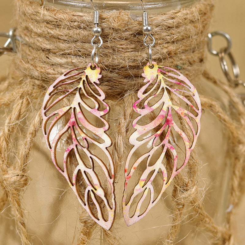 Wholesale  Retro Style Leaf Shape Hollow Tie-Dye  Multi-Color Combinable Women's Wooden Earrings