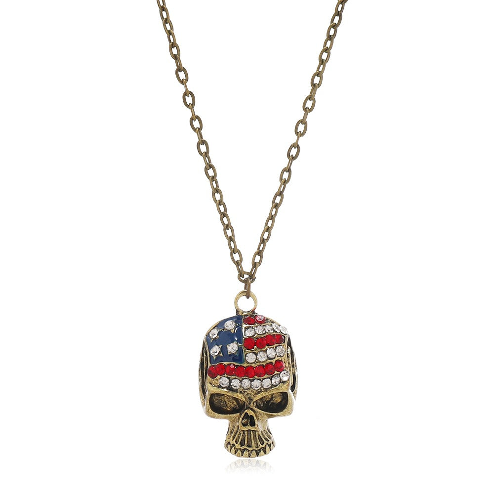 Wholesale Halloween jewelry  Independence Day diamond flag skull pendant necklace
