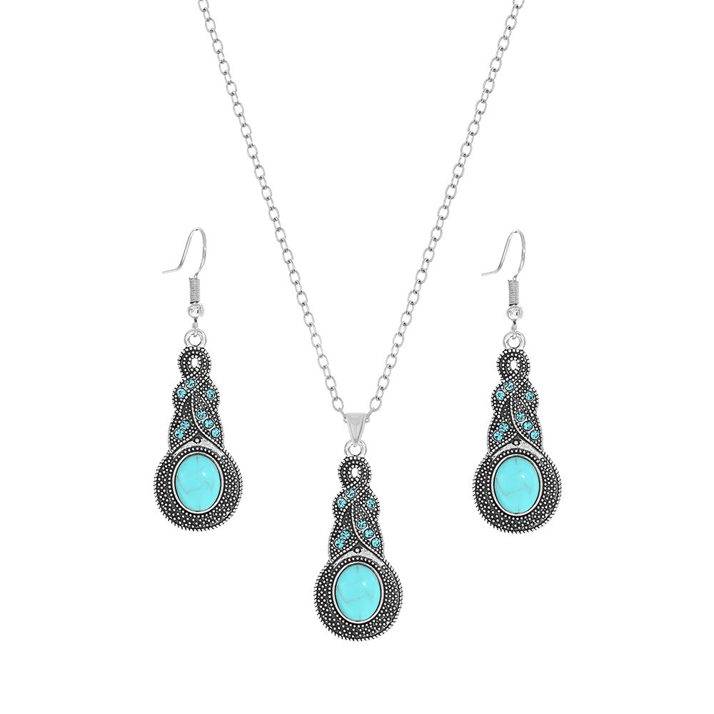 Wholesale Cross-border Amazon popular ethnic style earrings European and American turquoise retro National style earrings necklace suit jewelry