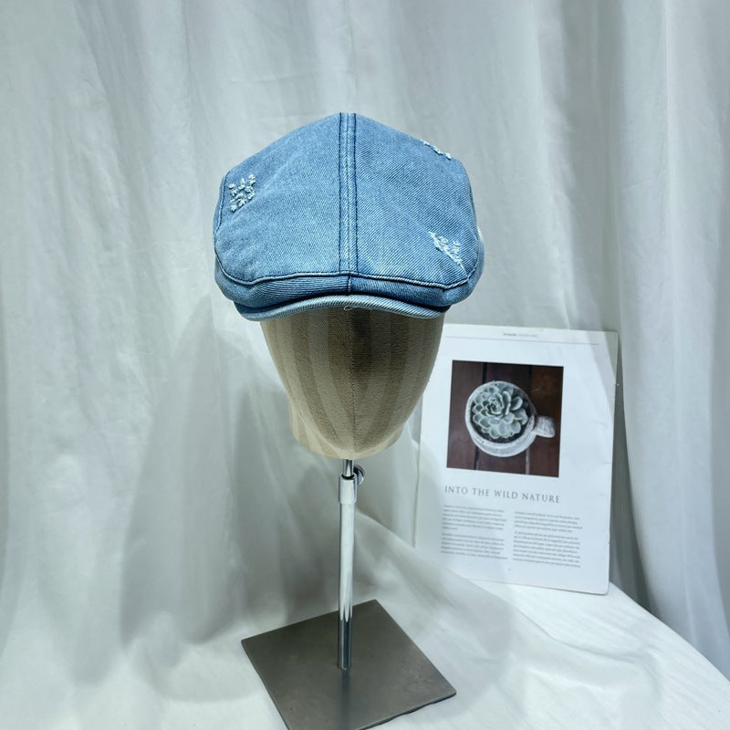 Wholesale  Vintage Washed Old Denim Hole Forward Cap Berets