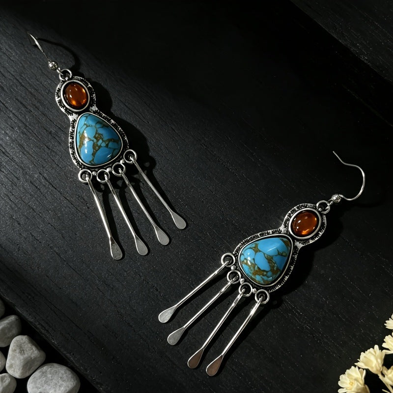 Wholesale Vintage Turquoise Tassel Earrings Retro Western Style Alloy Jewelry Accessory For Party Gift