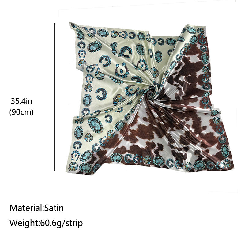 Wholesale Square Scarf Western Style Retro Printed Cow Pattern Turquoise Scarf