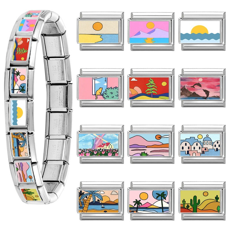 Wholesale Landscape Pattern Stainless Steel Interlocking Module Bracelet DIY Fashion Accessory